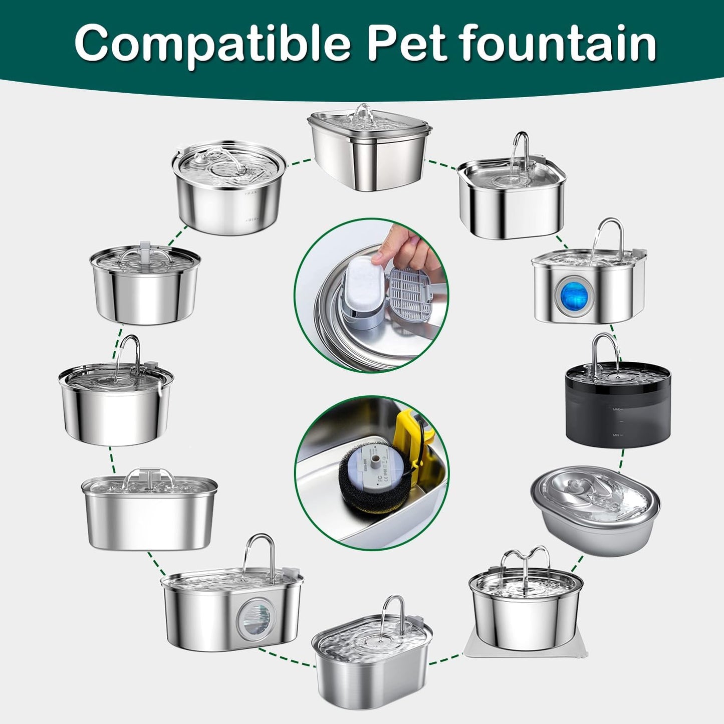4-Pack Replacement Filters & Sponges for Pet Water Fountains