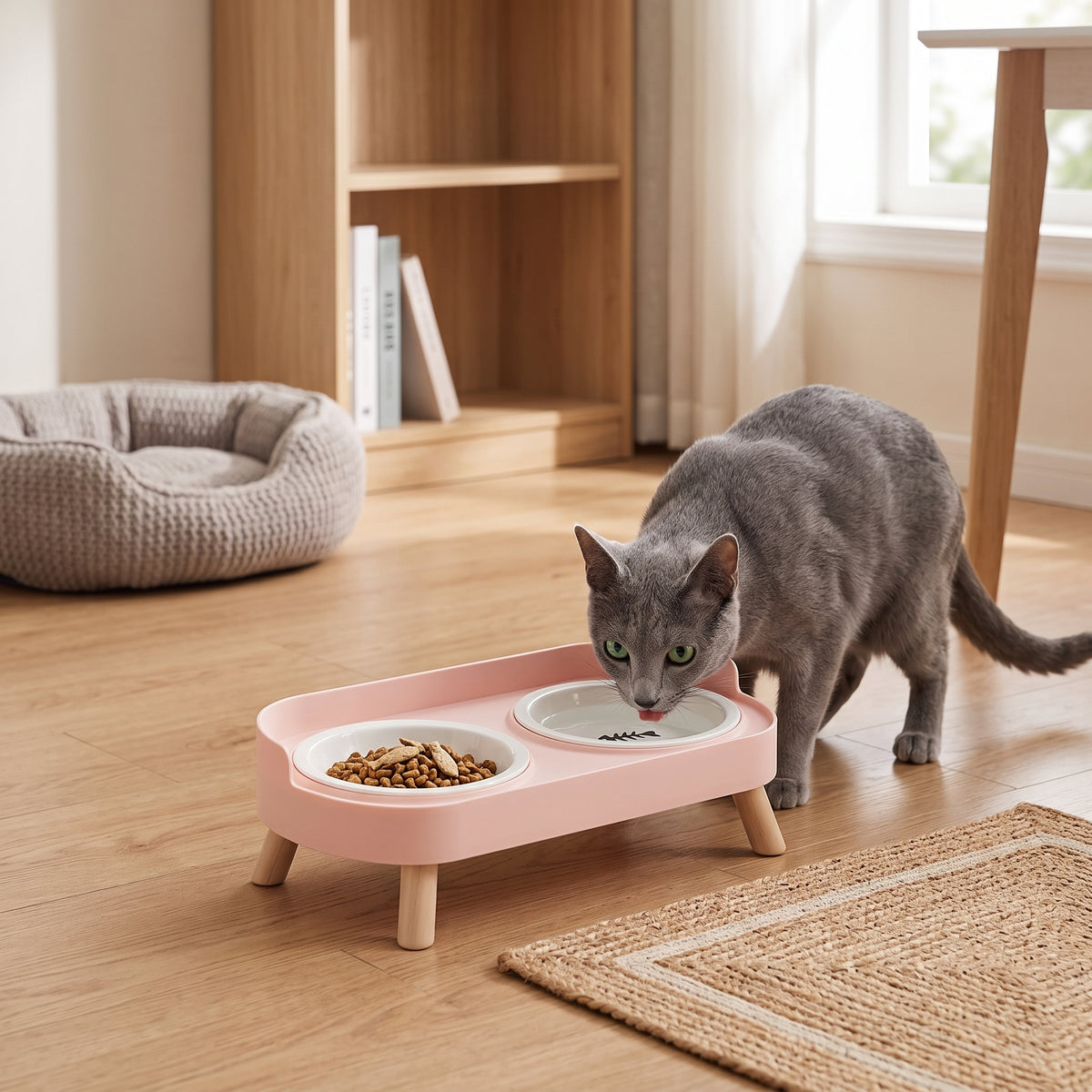Double Pet Feeder with Anti-Leak Fence