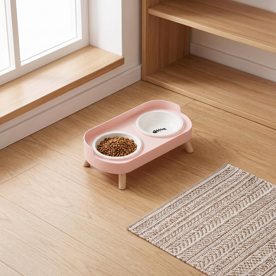 Double Pet Feeder with Anti-Leak Fence