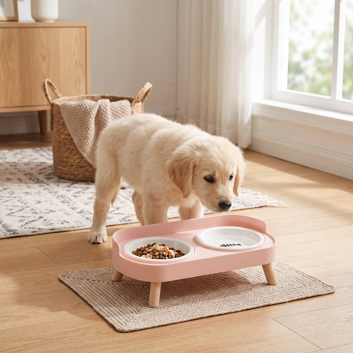 Double Pet Feeder with Anti-Leak Fence